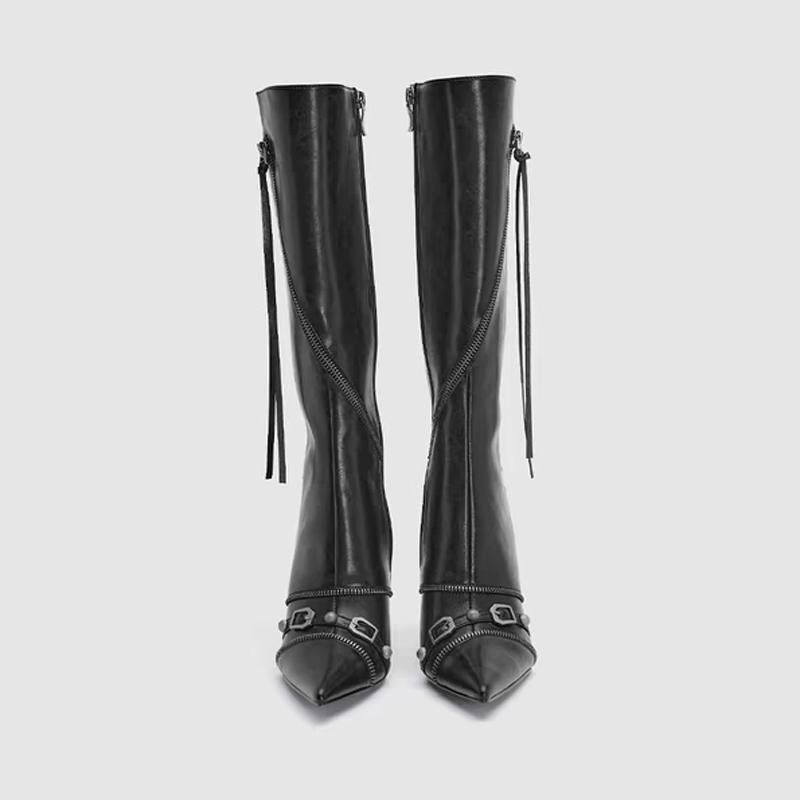 Cool Girl Motorcycle Long Boots Fashion Pointed Toe Rivet Knee High Booties Autumn Winter Ladies Dancing Party Prom Shoes