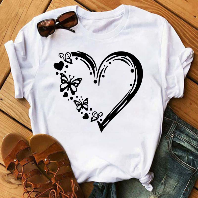 Women T Shirt Aesthetic Butterfly Love Heart Graphic Print Female Tshirt Clothing Summer Fashion Short Sleeve Kawaii T-Shirt