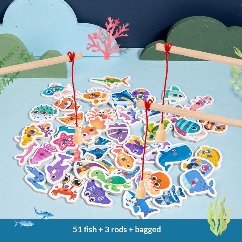 20/30/51Pcs Educational Toys Wooden Magnetic Fishing Game Toy Set For Kids Cartoon Fish Toys