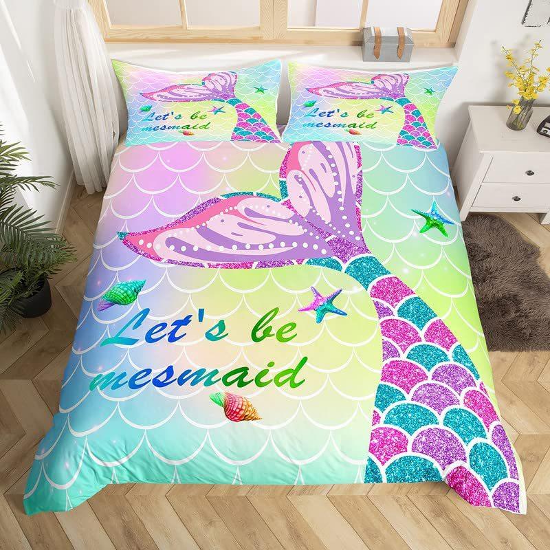 Color Shiny Gradual Change Mermaid Tail Print Duvet Set For Bedroom And Guest Room Three-Piece Set