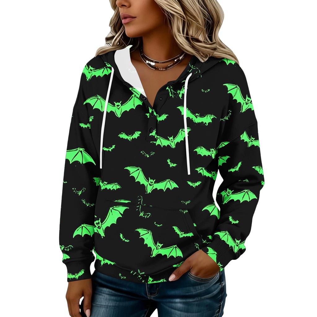 Women's Halloween Print Hoodie with Button Front - Long Sleeve Pullover Sweatshirt
