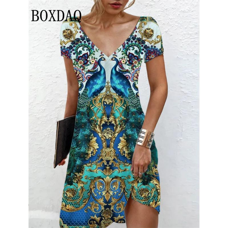 Women Plus Size Dress 6XL Summer Fashion Abstract 3D Printing V-Neck Short Sleeve Midi Dress Casual Retro Loose Dresses