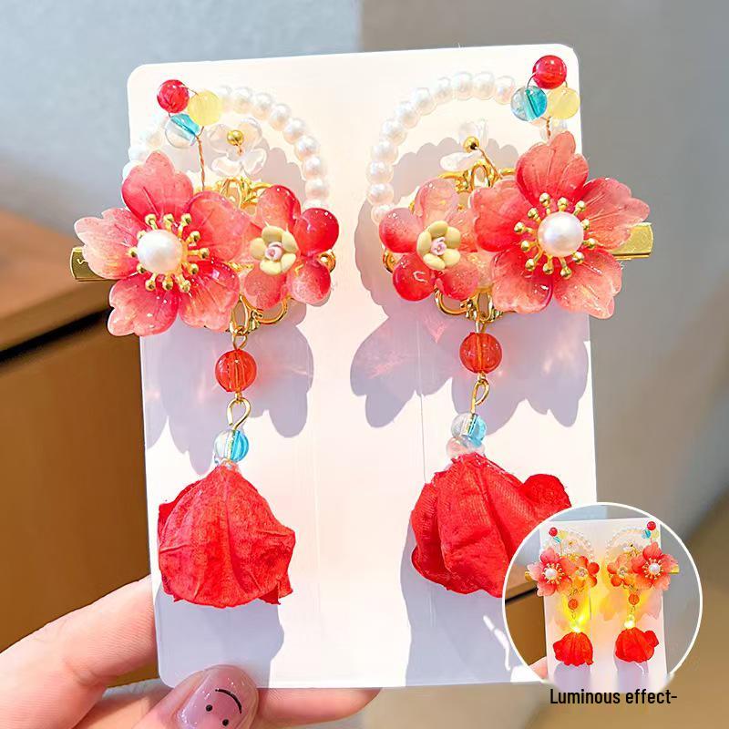 Children's Light-Up Hanfu Hair Clips: Fairy Tassel Floral Bow