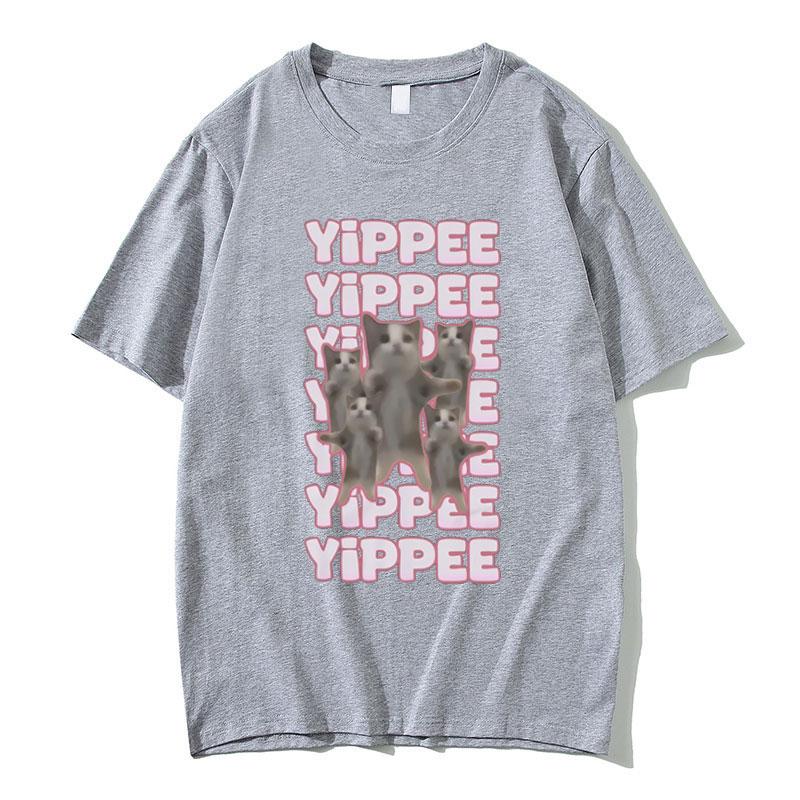 Yippe Funny Cute Happy Cat Jumping Meme Tshirt Summer Unisex Women Fashion Retro Tops T Shirts Oversized Cotton Loose T Shirt