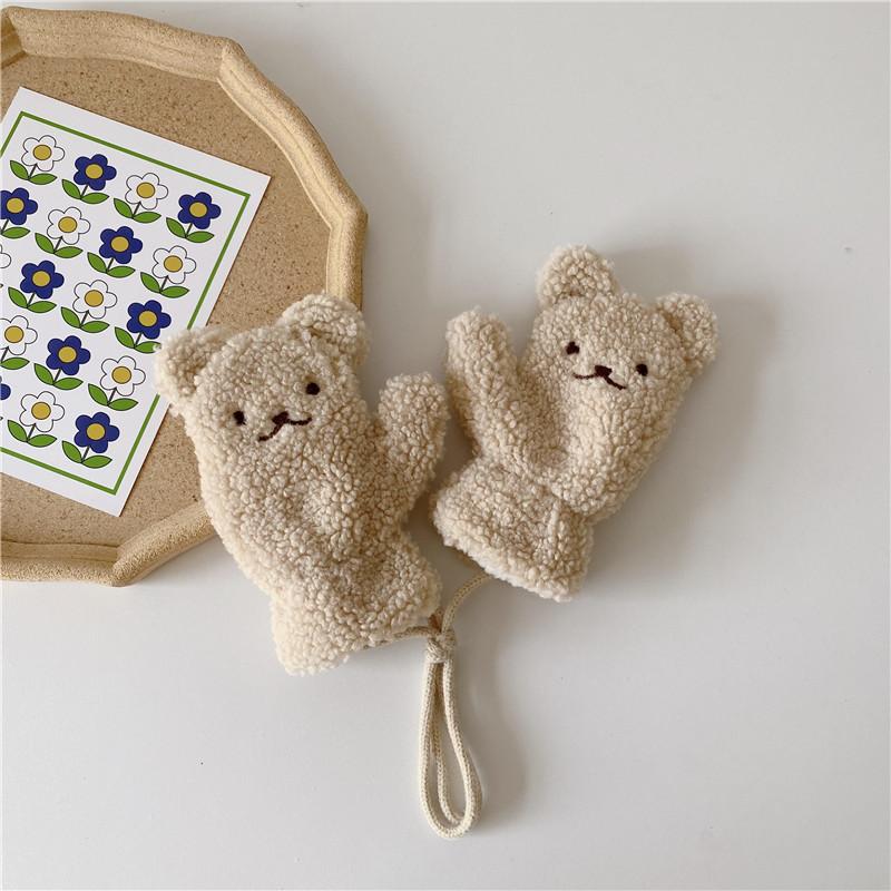 Autumn and Winter Warm Baby Boy and Girl Cross Windproof Gloves Scarf Sherpa Cute Cartoon Children's Kit Plush