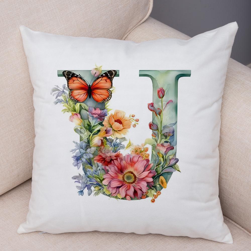 Floral Letter J Pillowcase Double Print Watercolor Letter U Cushion Cover Soft Plush Flower Letter D Pillowcase for Sofa Home