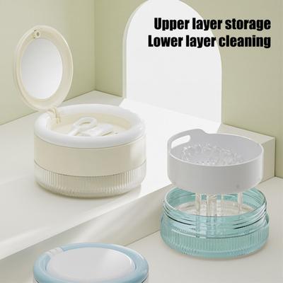 Portable Layered Retainer Case with Mirror, Denture Bath Box Holder with Strainer Basket, Brace Mouth Guard Dental Aligner Container Soaking Cup