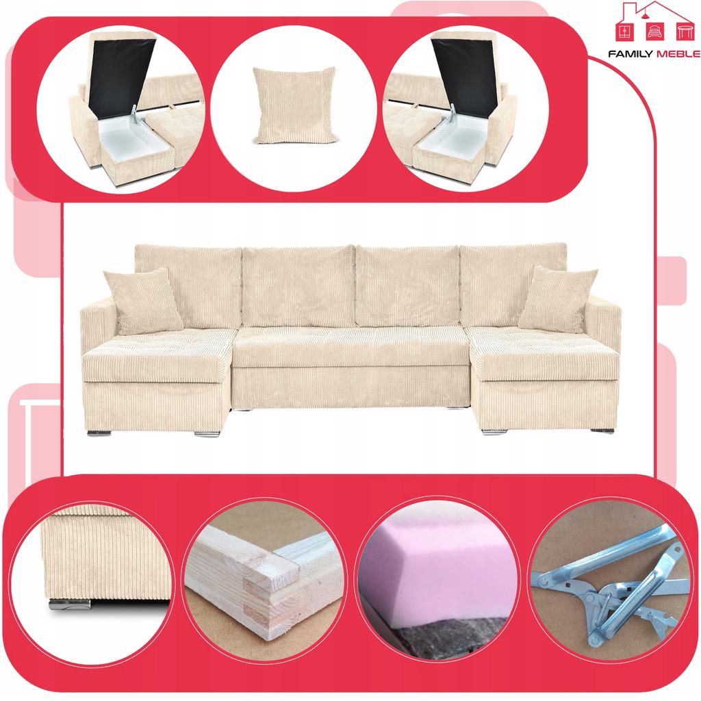 Bonito BIG Corner Sofa Bed with Sleeping Function Family Meble Corduroy Beige