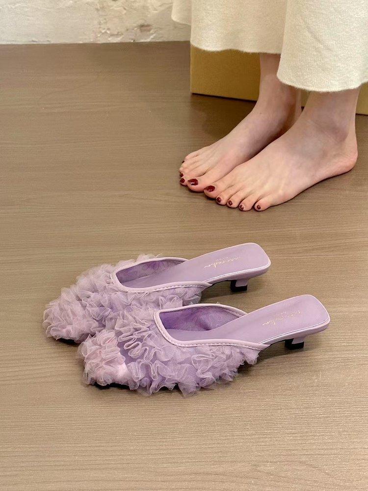 Purple mist aesthetics! Temperament square head mesh yarn half drag half slippers women's spring 2025 spring new outer wear cat heel sandals