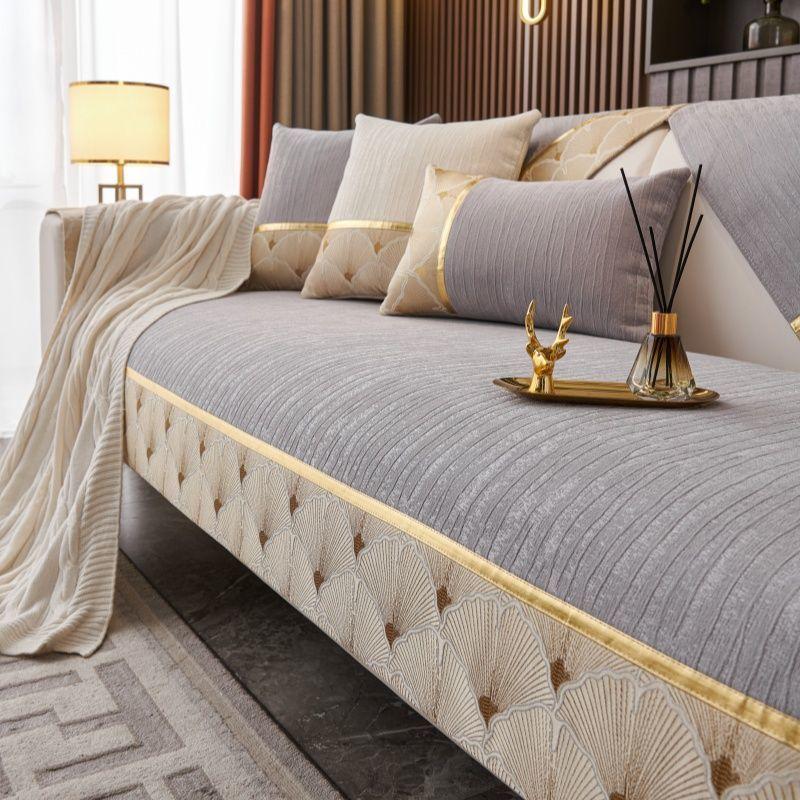 1 Stück Chenille Sofaüberwurf, Rutschfester Sofabezug, Nordischer Sofabezug mit goldenem Rand, Möbelschutz für Schlafzimmer, Büro, Wohnzimmer, Heimdekor