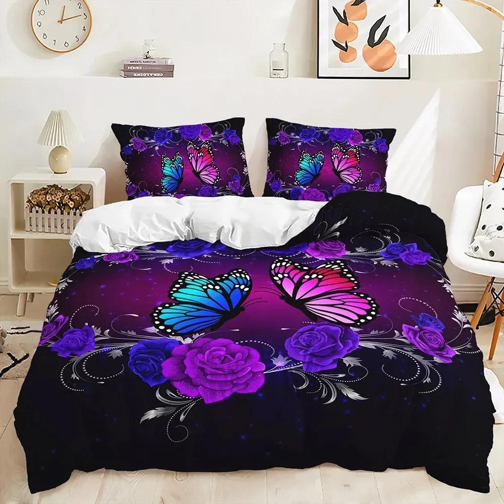 Lila Schmetterling Rosen Bettwäsche Sets Mode Bettbezug Sets Einzelbett Doppelbett Queen Size King Size Kissenbezug für Kinder Erwachsene Geschenk Bettwäsche