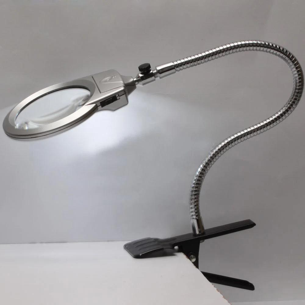 2.5X/5X New Lighted Clip-on Magnifier Lamp - LED Desk Table Top Magnifying Glass with Large Lens & Clamp for Reading