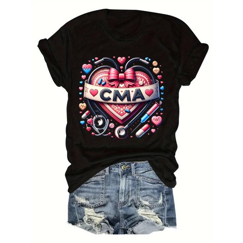 European Size Women'S Casual CMA Nurse T-Shirt - Short Sleeve, Round Neck, Geometric Heart & Stethoscope Print, Soft Polyester Blend