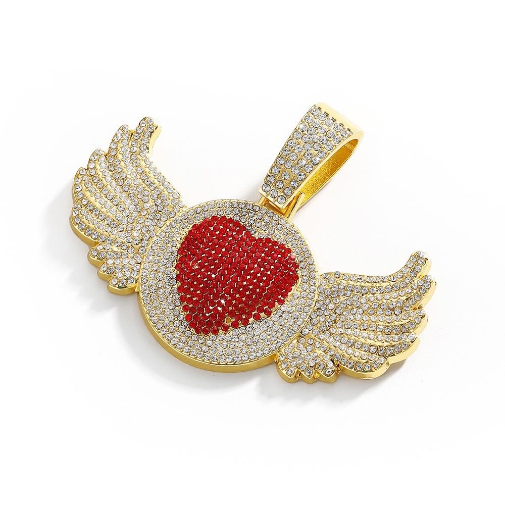 Hip Hop Rap Trendy Creative Pink Diamond Love Angel Wing Pendant Necklace Pink Diamond Love Men's Necklace
