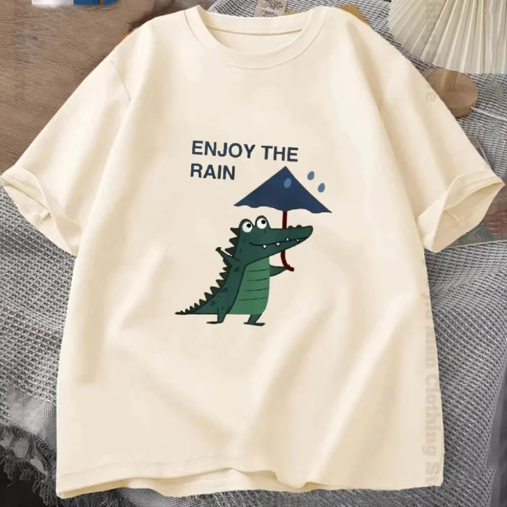 

НАСЛАЖДАЙТЕСЬ ДОЖДЕМ Летняя футболка Аниме Зонт Динозавр Графика Мужская футболка с коротким рукавом Унисекс Мода Свободные Женские футболки Оверсайз S бежевый