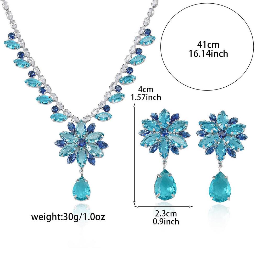 European Style Zircon Blue Flower Tassel Necklace & Earrings Set