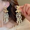 European and American Maple Leaf Tassel Earrings with Faux Pearl and Metallic Silver Needle - Elegant, High-End Jewelry for Women
