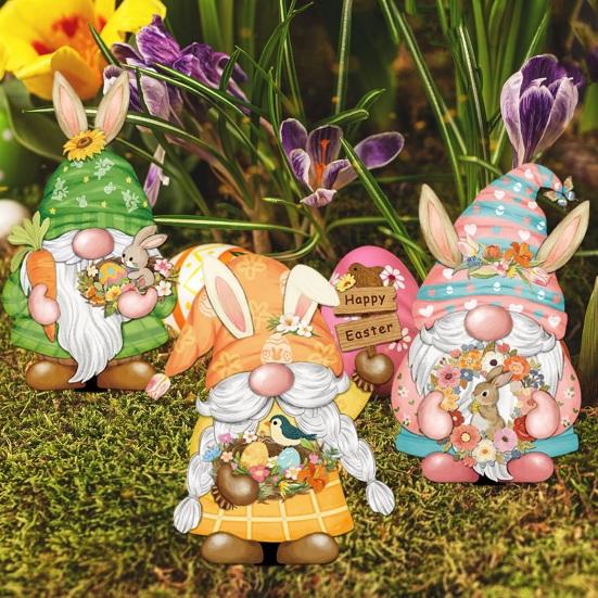 Easter Bunny Garden Stake Weatherproof Spring Yard Art Stake Festive Rabbit Egg Gnome Lawn Stake for Outdoor Planter Flower Bed Easter Decoration