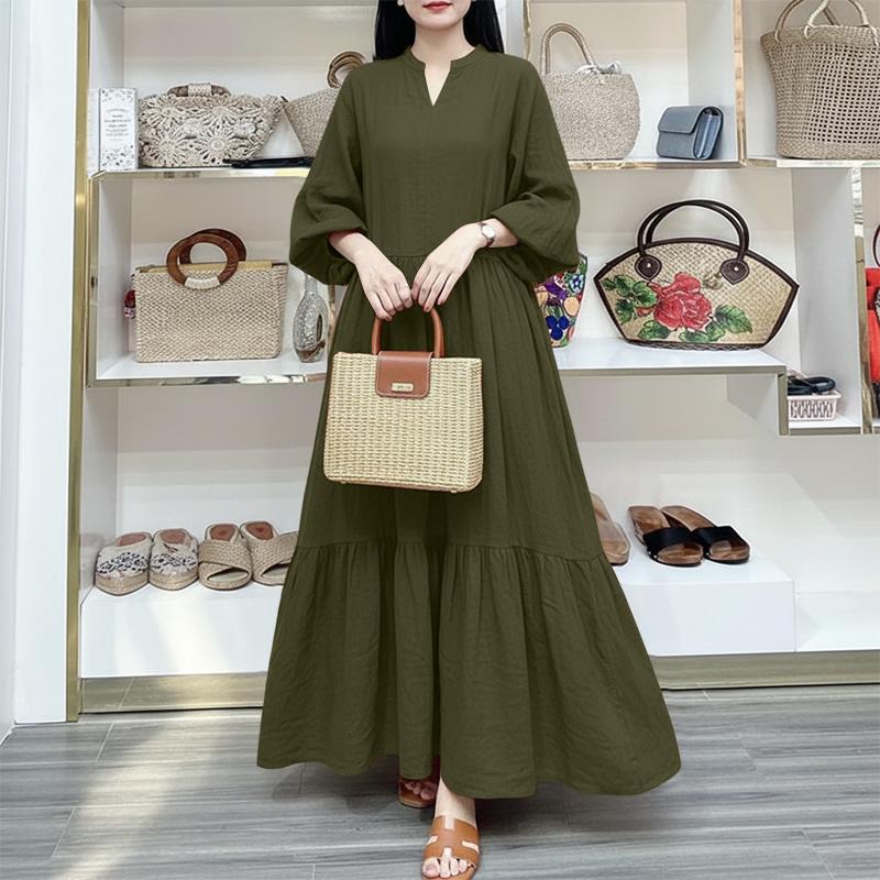 ZANZEA Women Casual V-Neck Long Sleeve Elegant Long Dress