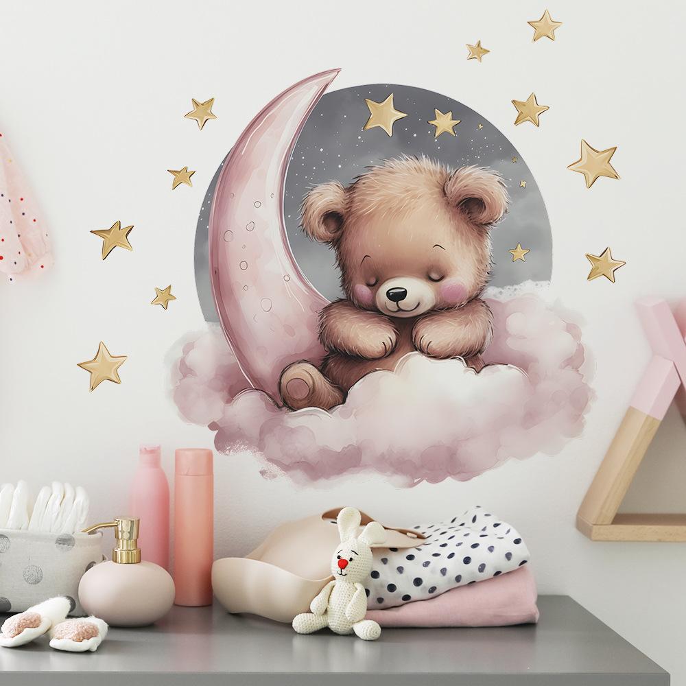 Cartoon Goodnight Bear Stars Moon Wall Sticker for Kids Room Home Decor