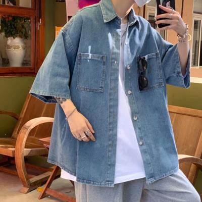 Men Denim Button-down Shirt Short Sleeve Lapel Shirt with Chest Pockets Loose Fit Casual Shirt for Summer Daily Wear Vacation Street