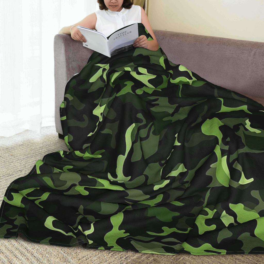 Flannel Throw Blanket Green Camouflage Army Camo Warm Plush Blankets Soft Bedding for Bed Living room Home Travel Couch