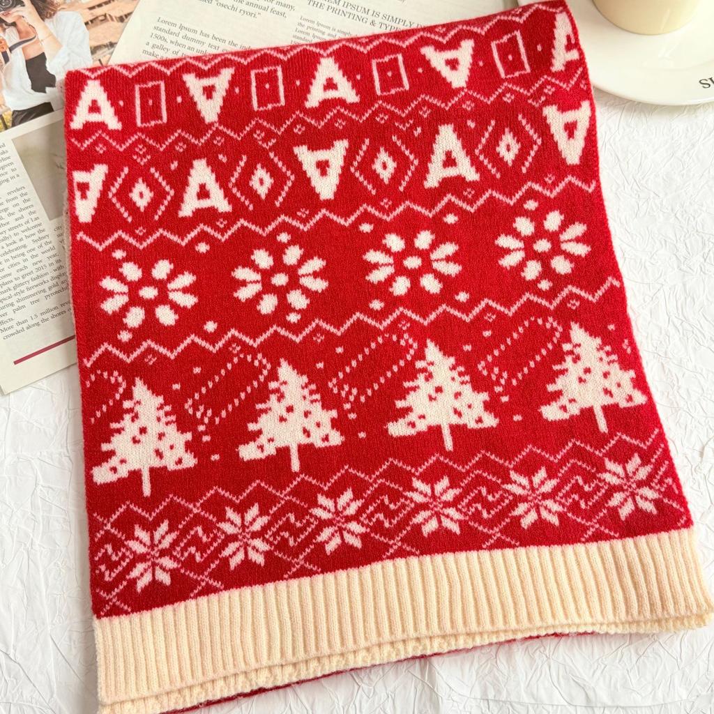 Christmas Knitted Scarf Women's Autumn and Winter New Korean Version Double-sided Thickened Versatile Cute Snowflake Student Gift Tide
