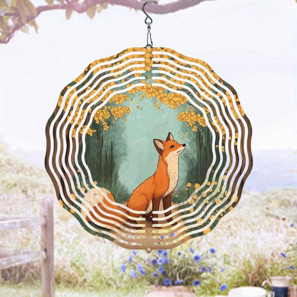 1pc Metal Wind-Operated Rotating Fox & Forest Pathway Wind Chime - Solid & Durable Outdoor Decor for Patio, Balcony, Window - Colorful Leaves Design