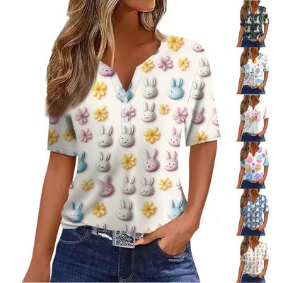 Camiseta feminina estampada botão manga curta diário fim de semana moda básica decote em v regular top