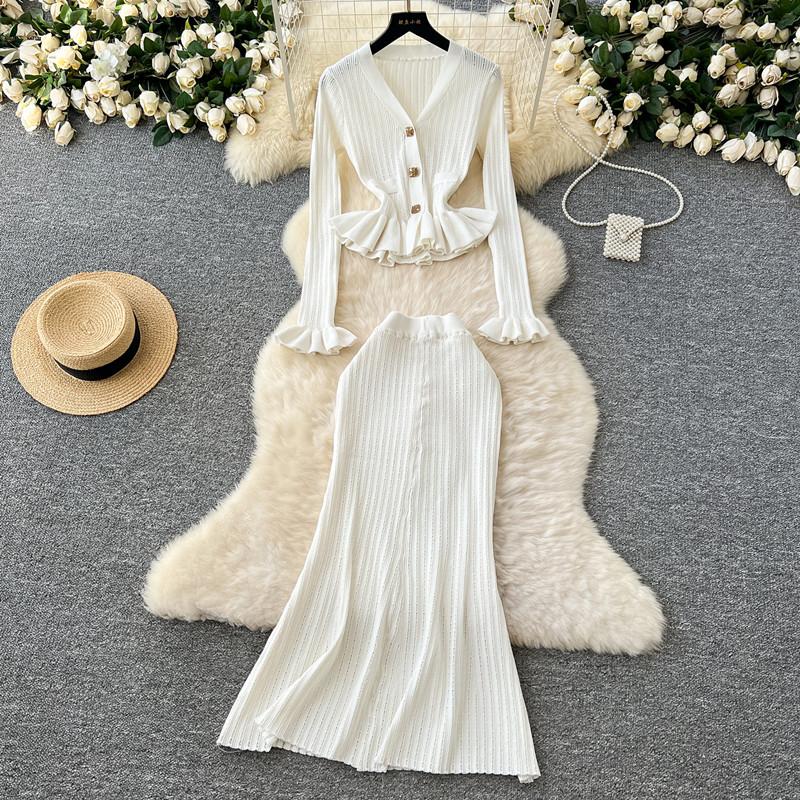 Dvoudílný business set dámské outfity tunika s dlouhým rukávem zkrácený kardigan sukně s vysokým pasem bodycon rybí ocas oblek módní pletený svetrový oblek