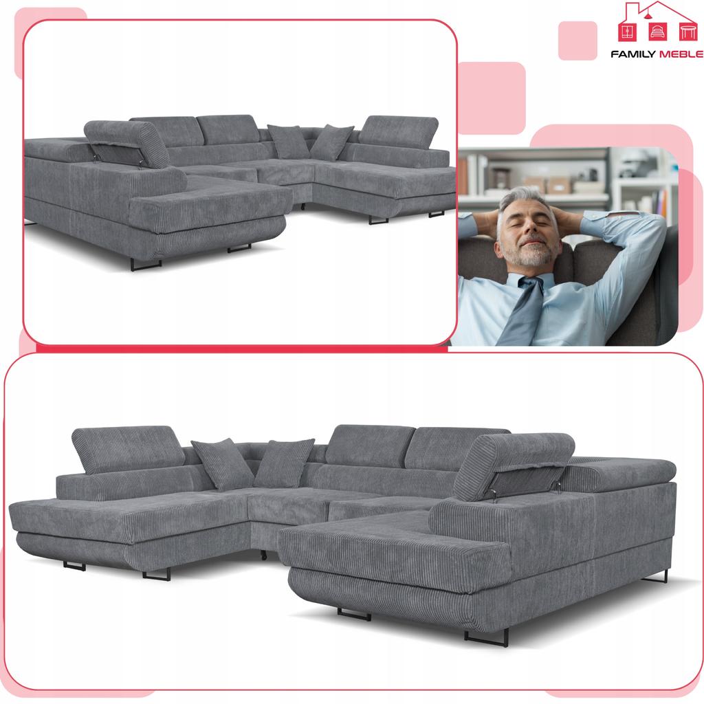 U-shaped Corner Sofa Bed, Extendable F. Savio Family Sleeping Furniture Grey Corduroy