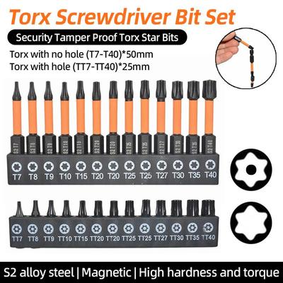 26Pcs Torx Screwdriver Bit Security Tamper Proof Magnetic Screwdrivers Bits Drill Star Plum Solid Hollow Screw Driver 1/4 Hex S2