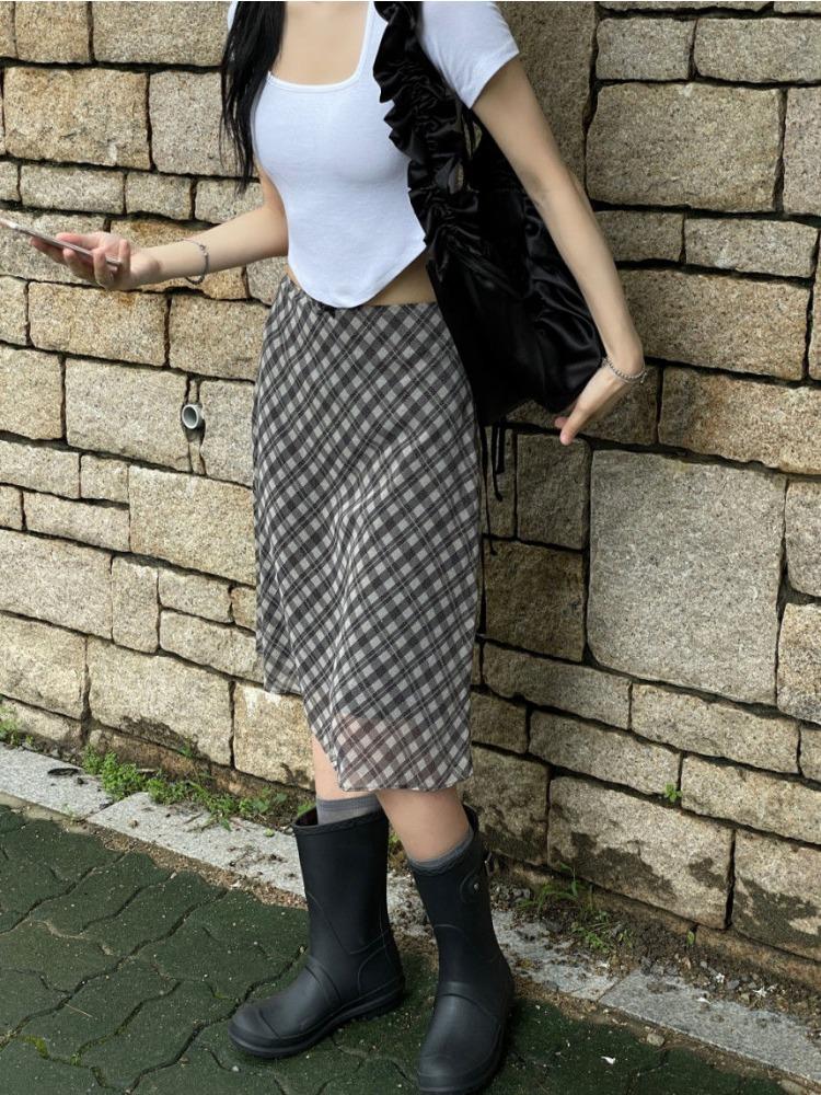 Korea Chic Spring French Retro Skirt Women High Waist Plaid Mid-Length Skirt Female Casual Vintage Designer Y2k Skirt 2024 New