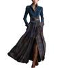 2025 Autumn/Winter Green Velvet Patchwork Long Sleeve Women's Striped Maxi Dress