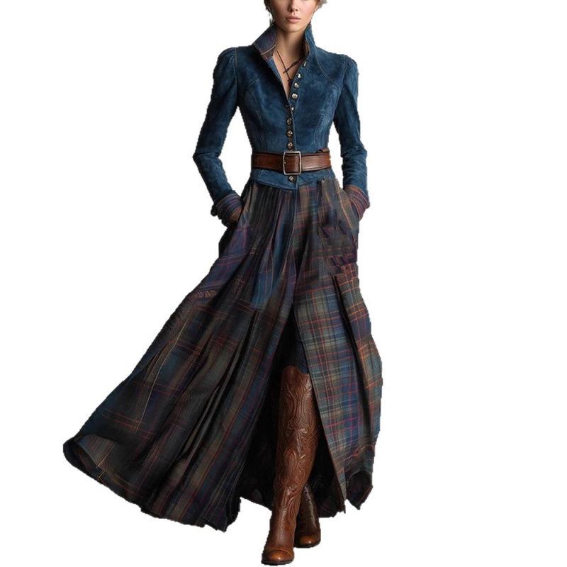 2025 Autumn/Winter Green Velvet Patchwork Long Sleeve Women's Striped Maxi Dress