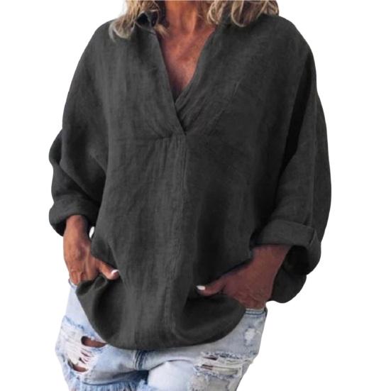 

Большой винтажный топ с V-образным вырезом и отложным воротником, однотонный, с длинными рукавами M чёрный