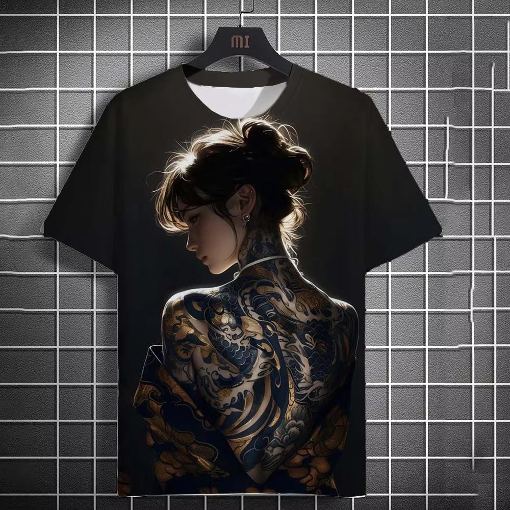 Tattooed girl pattern t-shirt cartoon 3d print oversized sports shirt top