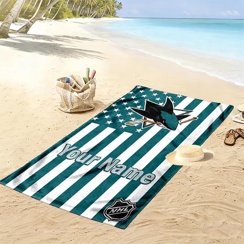 Name Custom San Jose Sharks Print Beach Towel, Large Soft Quick Dry Towel for Beach Camping Swimming
