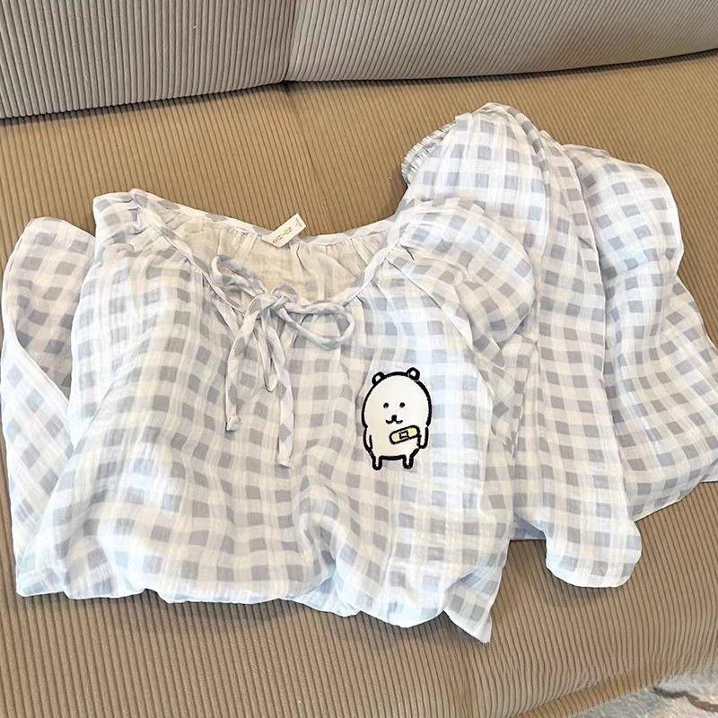

Blue plaid self-deprecating bear girl pajamas summer round neck short-sleeved shorts set soft cute princess style loungewear S