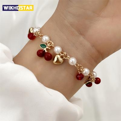 Sweet Cute Red Strawberry Cherry Heart Pearl Charm Bracelet New Fashion Y2K Fruit Gold Color Chain Jewelry Party Gifts 2025