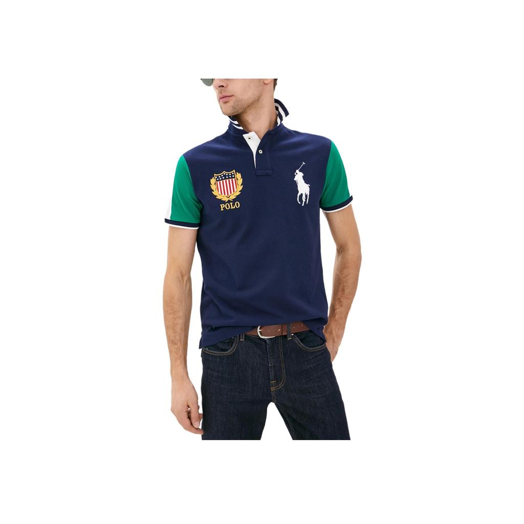 Polo Ralph Lauren Color Block Big Pony Logo Embroidered Short Sleeve Polo Shirt Men Polo Shirts Navy-Blue 710800516-001