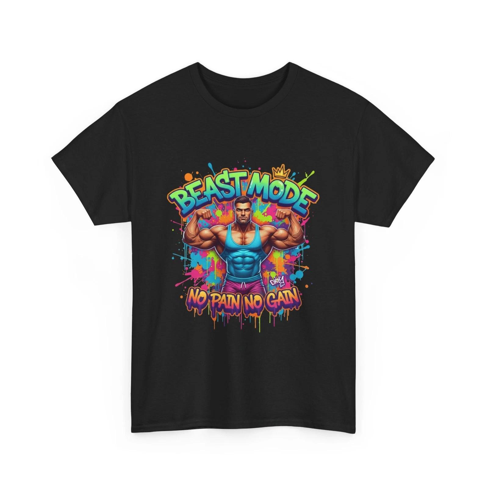 Beast Mode No Pain No Gain T-Shirt Muscle Gym Workout Graffiti Graphic Tee 2XL