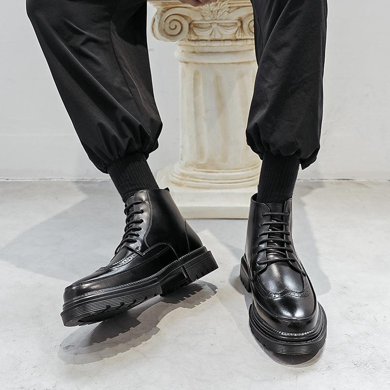 High Top Black Brogues Classic Retro Style Comfy Breathable Chelsea Boots Men Autumn Boots Fashion Shoes Men Winter Plush Warm