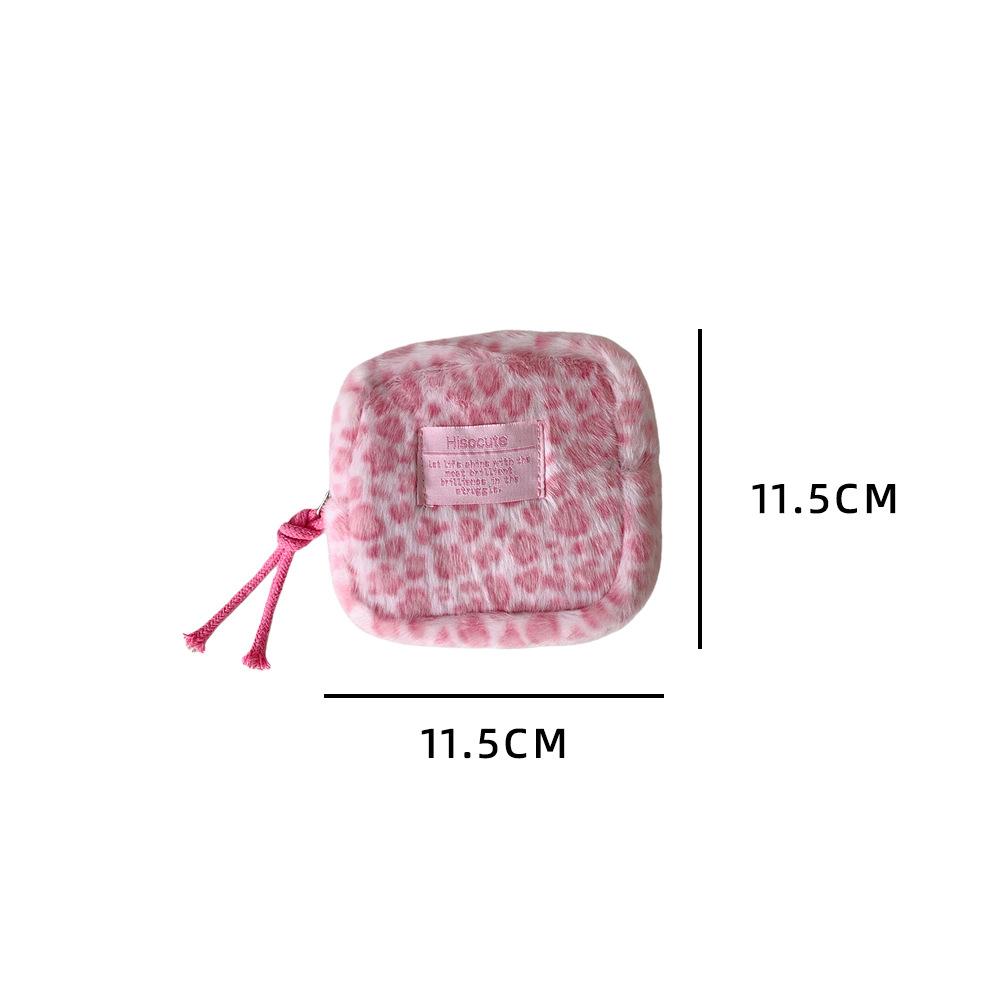 Fashion Retro Plush Square Leopard Print Makeup Bag Cute Winter Girl Portable Sanitary Cotton Bag Storage Wallet Women's Gift