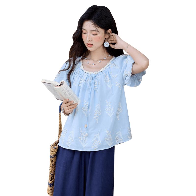 

Mixiu Women s Embroidered Ruffle Trim Babydoll Top M