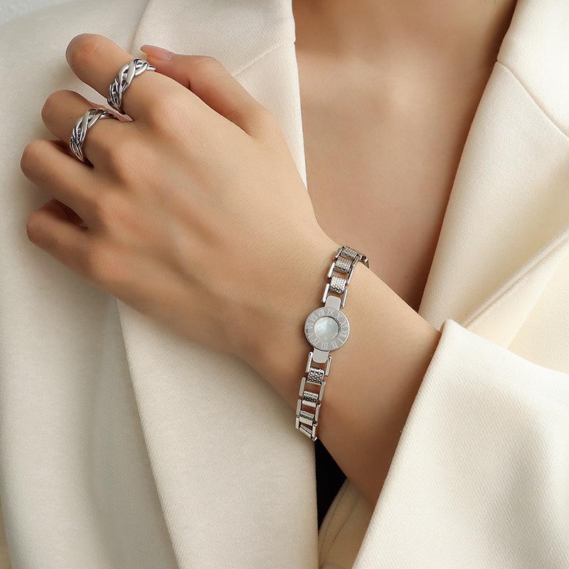 Roman Numeral Watch Face & Shell Bracelet Set: 18K Gold Titanium Steel Women s Friendship Jewelry