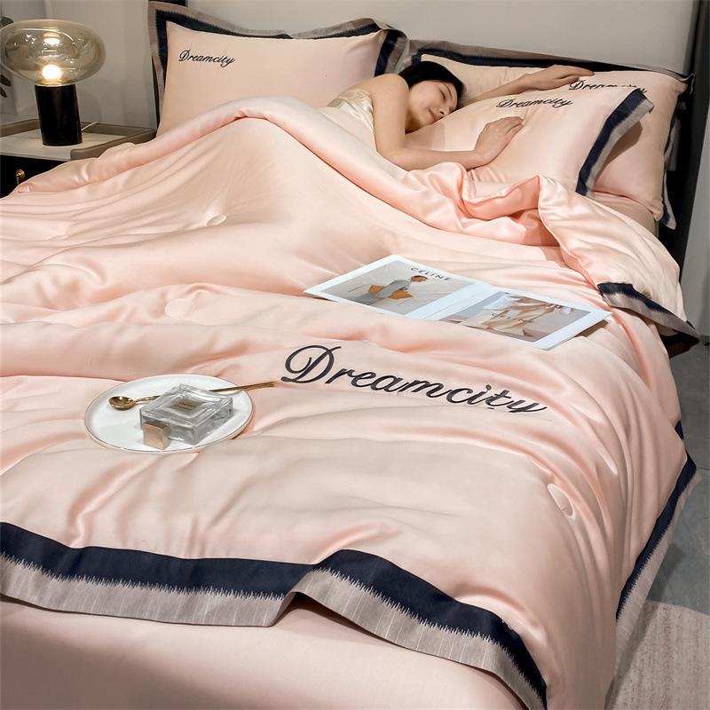 Class A Ice Silk Water Washable Summer Quilt Set - Naked Sleep Embroidery, Thin Blanket, Air Conditioning Quilt, Four-Piece Gift.