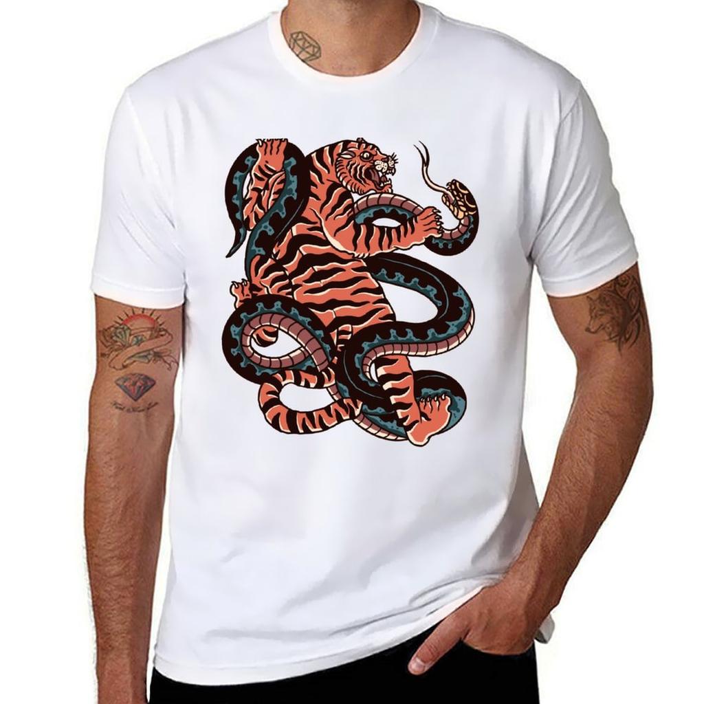 Tiger Versus Snake Traditional Tattoo Tshirt Festival Short Sleeve Tshirt