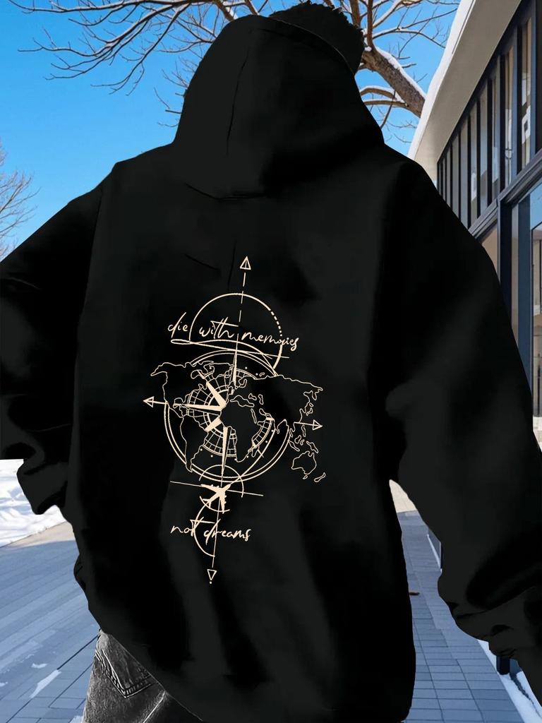 Men's hooded sweater map compass print loose pullover hoodie travel style casual men's wear