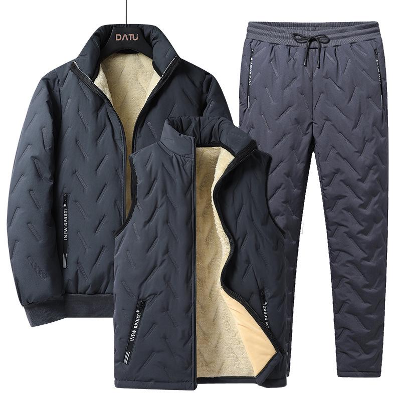 Men's Ultrasonic Lambswool Three-Piece Winter Set: Warm Vest, Stand Collar Cotton Jacket, Plus Velvet Pants